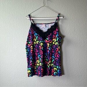 Shirley & Stone Colorful Animal print Cami Tank Top With Black Lace Size XL